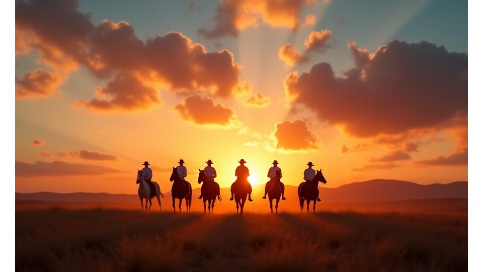 A vast Argentinian polo estancia with gauchos riding horses against a dramatic sunset.