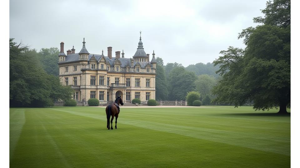 An aristocratic English countryside estate with classic equestrian architecture and sprawling green paddocks.