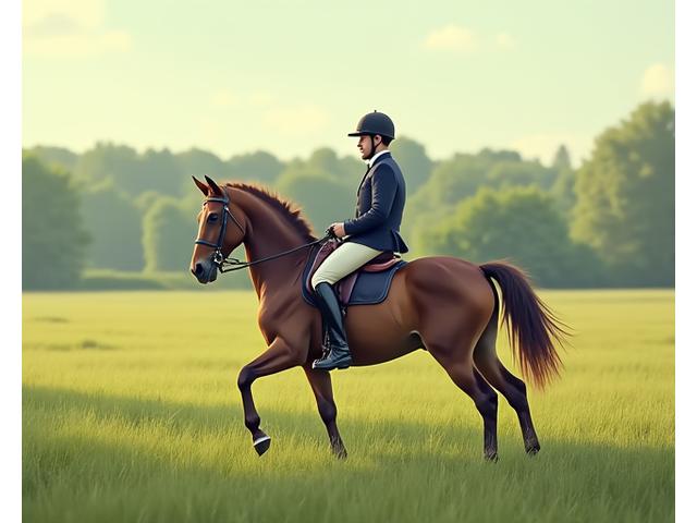 A serene scene of a rider gently guiding their horse through a verdant field, focusing on basic hunter riding.