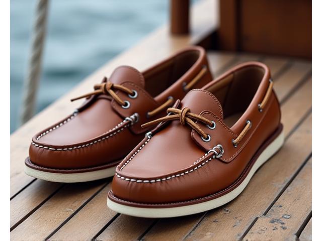 A pair of classic, hand-stitched leather deck shoes with non-marking soles, perfect for both yachting and casual wear.