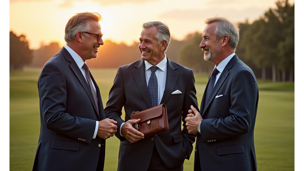 Distinguished gentlemen networking at an exclusive event, a luxurious golf course or yacht club in the background, exuding prestige and camaraderie