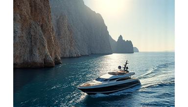 Luxury yacht off the coast of Mexico with dramatic cliffs