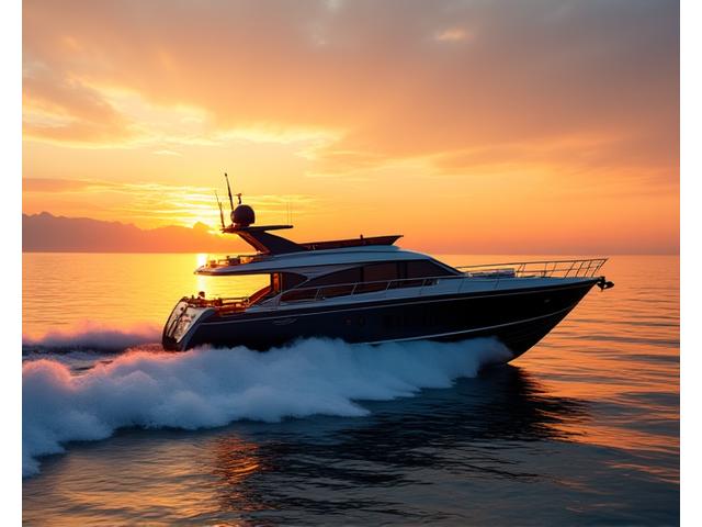 80-foot motor yacht cruising at sunset
