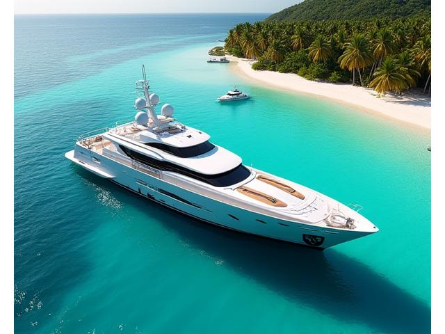 Superyacht anchored near a tropical island